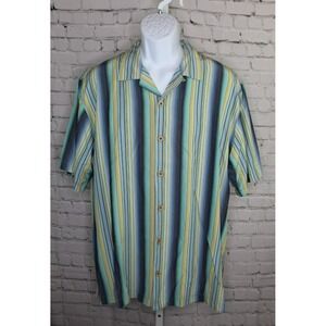 Tommy Bahama Shirt Mens Large Blue Yellow Striped Silk Cotton Button Up Casual